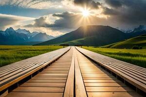 a wooden bridge leads to the sun in the mountains. AI-Generated photo