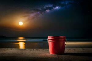 un rojo Cubeta en el playa a noche con el lechoso camino en el antecedentes. generado por ai foto