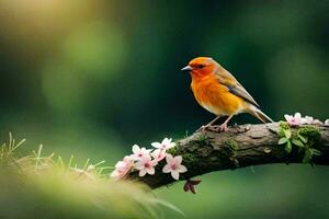 un pequeño pájaro es encaramado en un rama con flores generado por ai foto