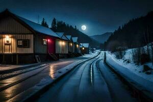 a train tracks in the snow with a moonlight. AI-Generated photo