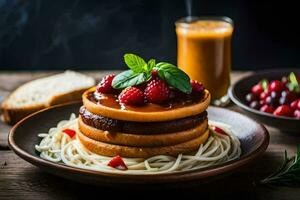 a stack of pancakes with berries and sauce on top. AI-Generated photo