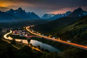 a bridge over a river and mountains at dusk. AI-Generated photo