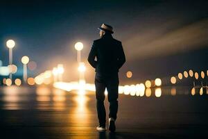 un hombre es caminando en un la carretera a noche con luces en el antecedentes. generado por ai foto