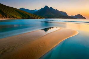 el playa a puesta de sol con montañas en el antecedentes. generado por ai foto