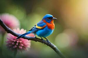 un vistoso pájaro se sienta en un rama con rosado flores generado por ai foto