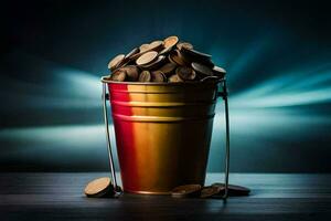 a bucket filled with coins on a wooden table. AI-Generated photo