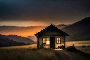 un pequeño cabina en el medio de un campo a puesta de sol. generado por ai foto