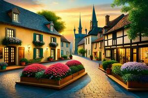 a street scene with flowers and buildings. AI-Generated photo