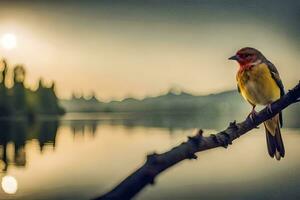 a bird sits on a branch near a lake. AI-Generated photo