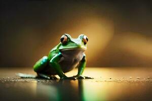 a frog sitting on a dark surface with a bright light behind it. AI-Generated photo