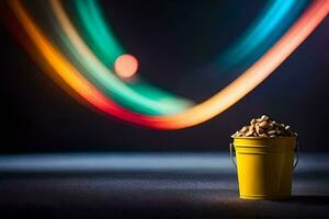 un amarillo Cubeta con nueces sentado en un mesa. generado por ai foto