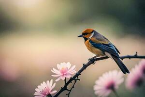 a bird sits on a branch with pink flowers. AI-Generated photo