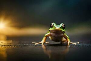 a frog is sitting on the ground in front of a bright light. AI-Generated photo