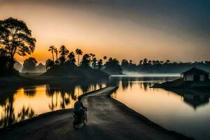 a man riding a motorcycle on a road near a lake. AI-Generated photo