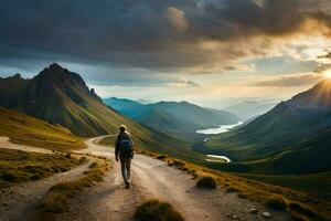 a person walking down a dirt road in the mountains. AI-Generated photo
