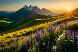 the sun rises over the mountains and flowers in the foreground. AI-Generated photo