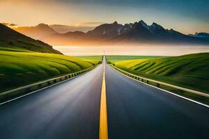 a long road with mountains in the background. AI-Generated photo