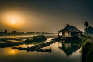 a small house sits on the shore of a river at sunrise. AI-Generated photo