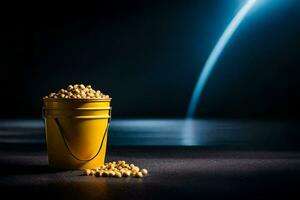 a bucket of peanuts on a dark table. AI-Generated photo