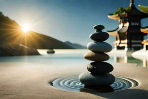 a stack of stones in the water with the sun shining. AI-Generated photo