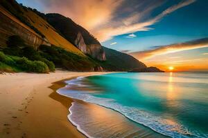 el playa y el puesta de sol en el antecedentes. generado por ai foto