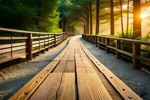 a wooden bridge leads to a forest at sunset. AI-Generated photo