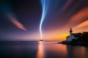a lighthouse is lit up by a long exposure photo. AI-Generated photo