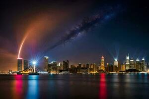 el ciudad horizonte es iluminado arriba a noche con un brillante racha de ligero. generado por ai foto