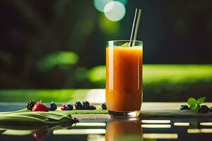 a glass of orange juice with berries and a straw. AI-Generated photo