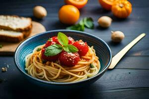 spaghetti with tomatoes and basil on a wooden table. AI-Generated photo