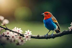 a colorful bird sits on a branch with flowers. AI-Generated photo