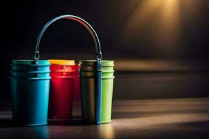 three colorful plastic cups with handles on a dark surface. AI-Generated photo