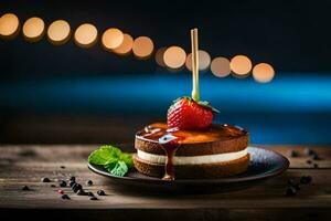 a strawberry and vanilla cake on a wooden table. AI-Generated photo