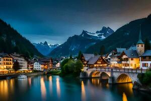 photo wallpaper the sky, mountains, river, town, bridge, alpine, switzerland,. AI-Generated