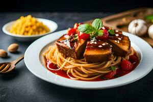 spaghetti with meat sauce and basil leaves on a white plate. AI-Generated photo