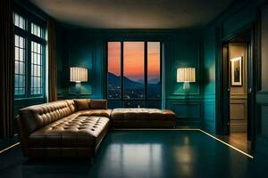 un habitación con un cuero sofá y un ventana. generado por ai foto