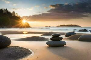 the sun sets over the ocean and rocks on the beach. AI-Generated photo