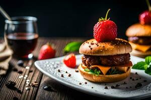 two hamburgers with strawberries on a plate. AI-Generated photo