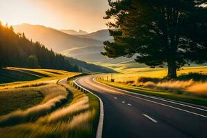 a road in the mountains with a tree in the foreground. AI-Generated photo