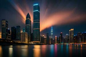 el ciudad horizonte a noche con luces reflejando apagado el agua. generado por ai foto