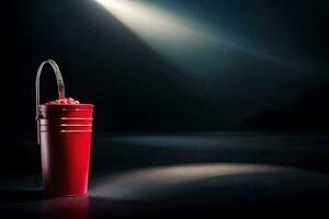 a red cup with a straw in the middle of a dark room. AI-Generated photo