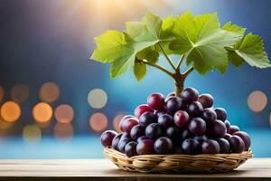 grapes in a basket on a wooden table. AI-Generated photo