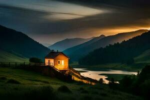 photo wallpaper the sky, mountains, river, sunset, house, the house, the house in. AI-Generated