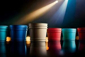 colorful plastic cups on a table with spotlight. AI-Generated photo