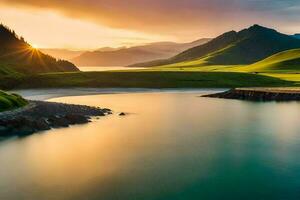 el Dom conjuntos terminado un lago y montañas en Islandia. generado por ai foto