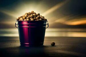 a bucket filled with peanuts on the beach. AI-Generated photo