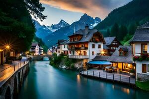 photo wallpaper the sky, mountains, river, houses, mountains, river, houses, mountains,. AI-Generated