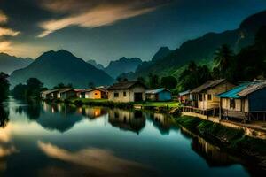 photo wallpaper the sky, mountains, water, houses, sunset, the mountains, river, the. AI-Generated