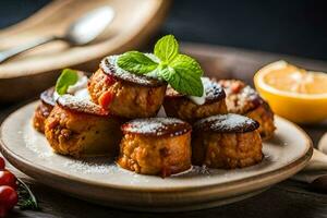 a plate of food with bread pudding and cherries. AI-Generated photo