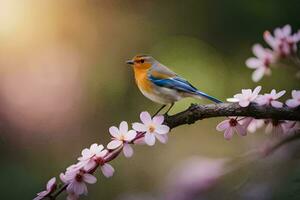 a blue bird sits on a branch with pink flowers. AI-Generated photo